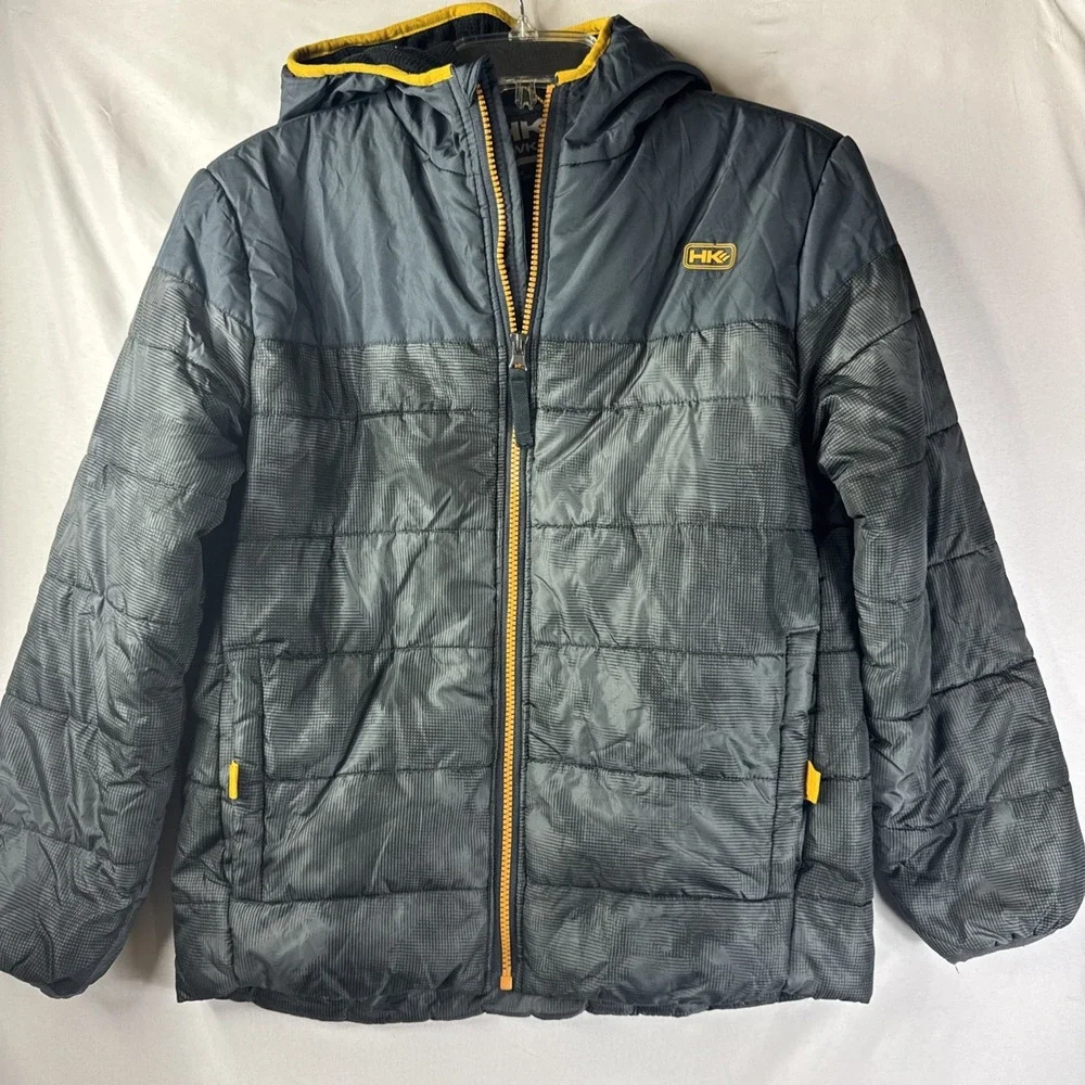 HK Hawke &‎ Co Jacket Boys Size 10/12 Gray Navy Hooded Lined Puffer Outdoors